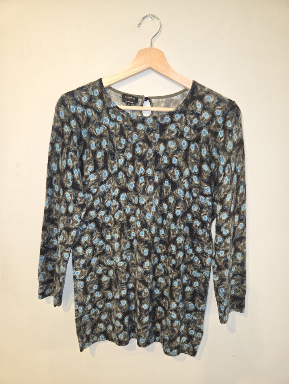 Talbots 100% Cashmere Peacock Print Bracelet Sleeve Crewneck Sweater M Blue